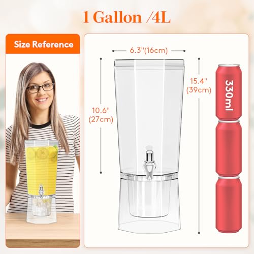 Lifewit 1 Gallon Drink Dispensers for Parties 2 Pcs (in 1 Package), 4L Plastic Beverage Containers with Stand for Juice/Tea/Soda/Water, Clear Ice Lemonade Dispensers with Lid & Leak-proof Spigot