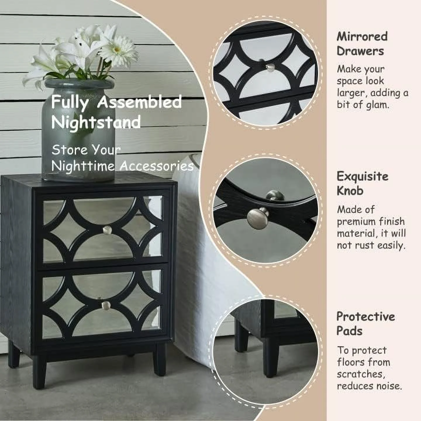 TJUNBOLIFE Mirrored Console Table  Modern Contemporary Vanity Table  Mirror Front Drawers w/Geometric Overlays  31.5\u201D  Light Gray