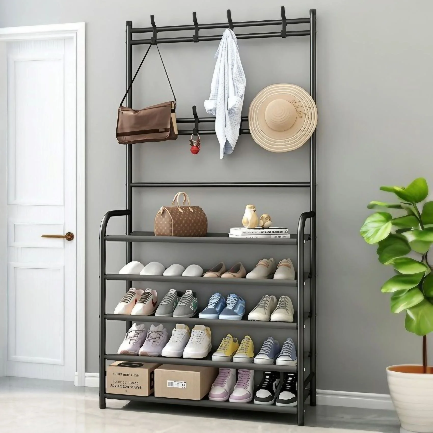 Flngr Entryway Coat Rack with Shoe Storage,3-in-1 Metal Hall Tree with Coat Hanger,Clothes Stand Shoe Rack Bedroom Storage Shelf Organizer,5 Shelves for Space Saving
