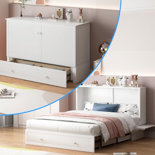 PUREMIND Murphy Bed Cabinet with Mattress Included, Queen Murphy Chest Beds with 2 Storage Drawers, Hideaway Cabinet Bed with USB Charging Station, Murphys Wallbed for Bedroom, Guest Room