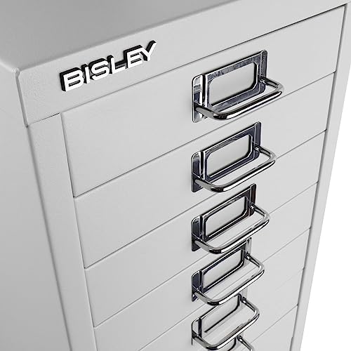 Bisley 10-Drawer Steel MultiDrawer Cabinet - Black, Chrome Pull Handles with Label Holders, Powder-Coated Steel, Removable Drawers, Fits Under Most Desks, Labels Included