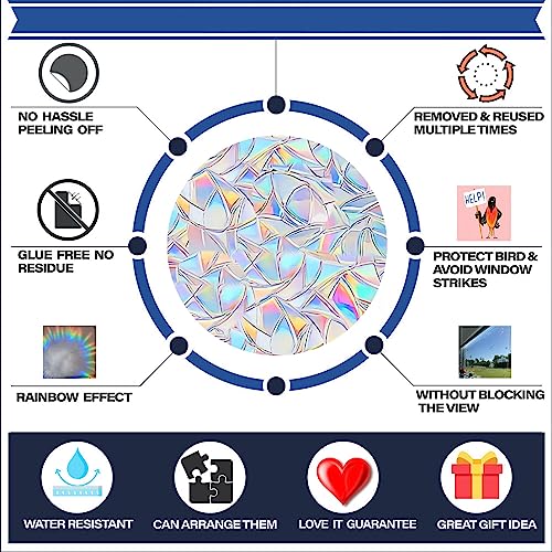 Snowflake Window Decals - Anti-Collision Clings to Save Birds, Non-Adhesive Prismatic Window Clings, Rainbow Stickers, Christmas Snowflake and Tree Circle (20 pcs)