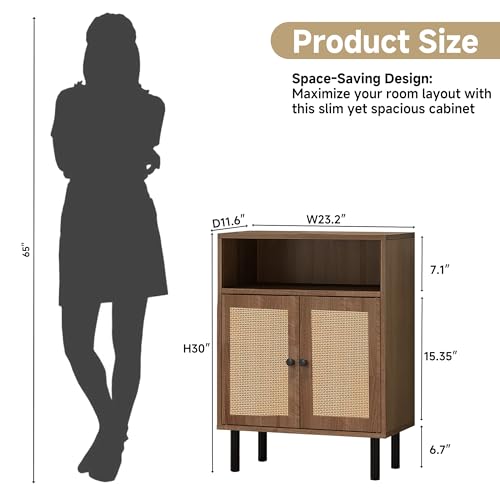 Rattan Storage Cabinet, Boho Accent Cabinet with Double Doors, Small Freestanding Sideboard for Hallway, Laundry Room,Kitchen, Dining Room, Entryway(Walnut)