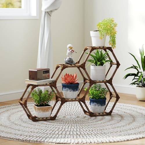 Tikea Plant Stand Indoor Hexagonal Plant Stand for Multiple Plants Indoor Outdoor Large Wooden Plant Shelf Creative DIY 6 Tiered Flowers Stand Rack for Living Room Balcony Patio Window