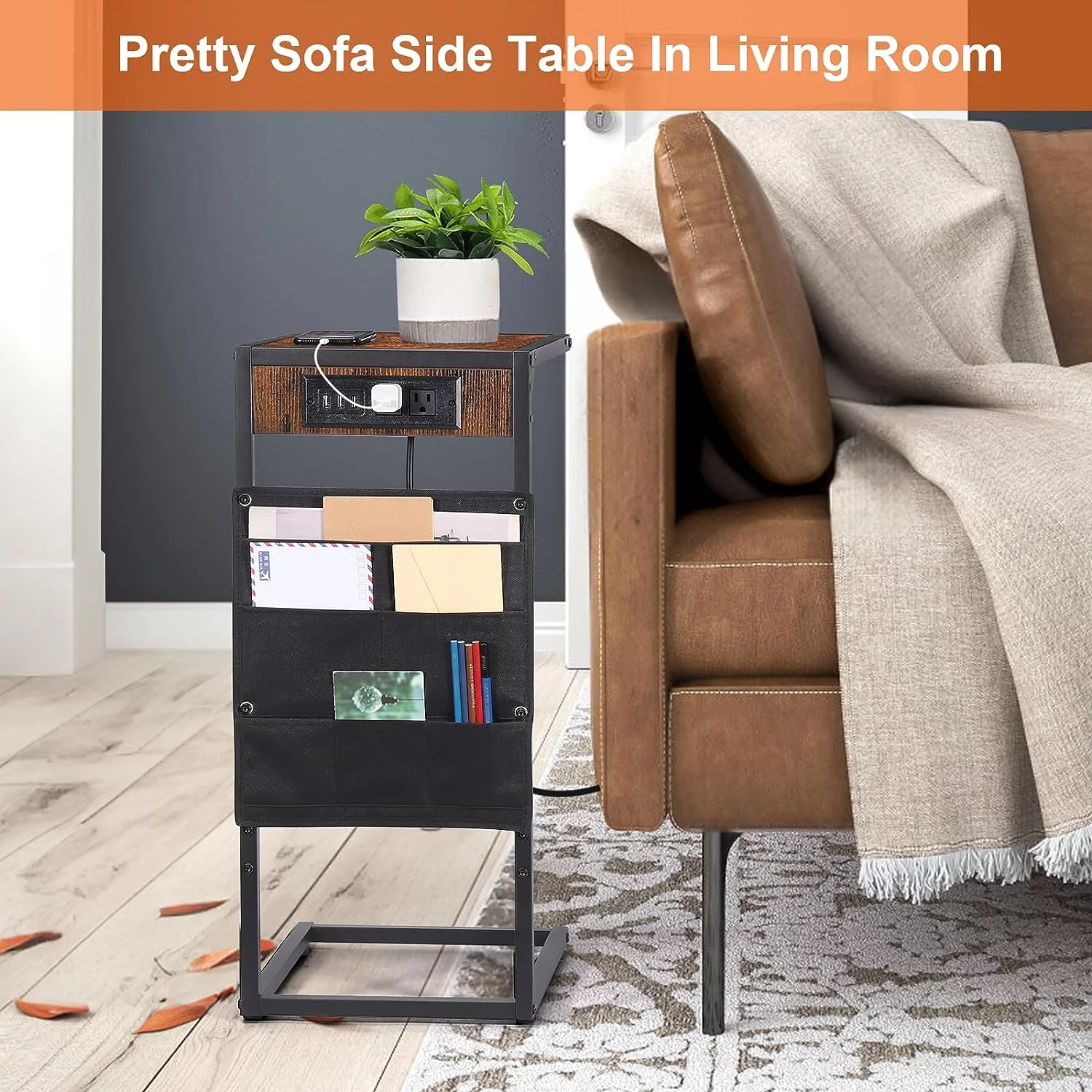 C Shaped End Table Set of 2 with Charging Station, Nightstand Side Table, USB Ports C Shaped Side Table, Couch Table for Living Room(Brown)