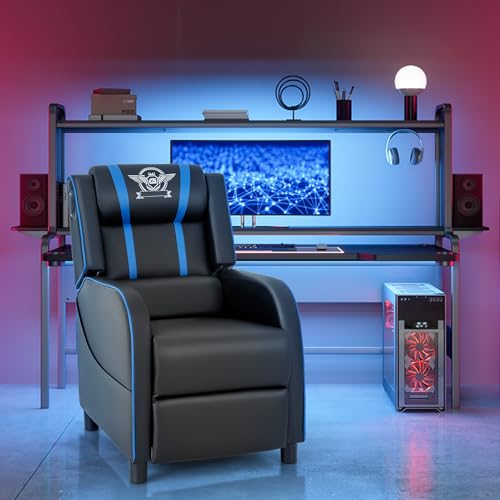 Giantex Gaming Massage Recliner Chair - Racing Style Gaming Sofa Chair with Reclining Backrest, Massage Lumbar Pillow, Retractable Footrest, Home Theater Seating with Bluetooth Speaker (Blue)