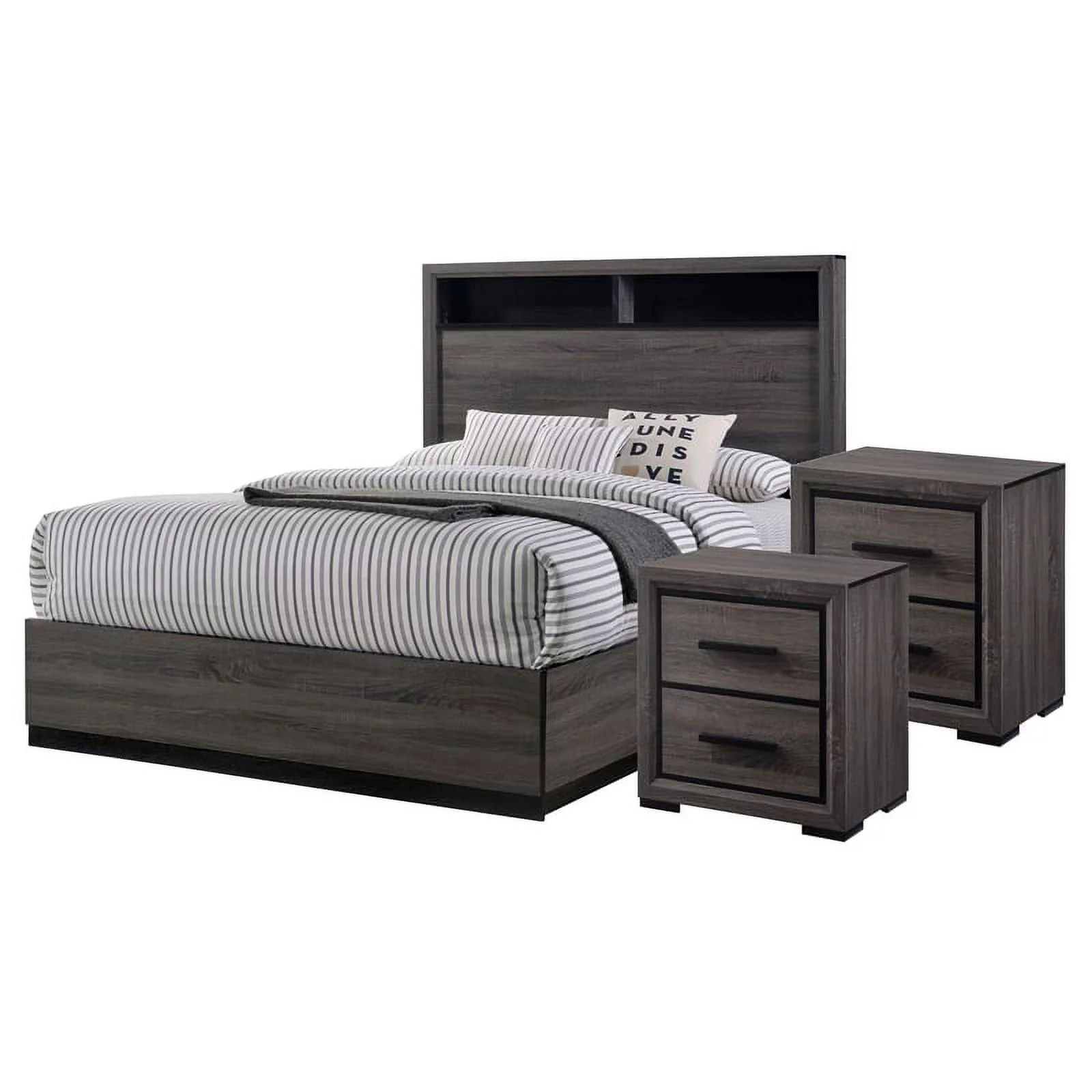 FOA Drummond 3-Piece Gray Wood Panel Bedroom Set - Cal King + 2 Nightstands
