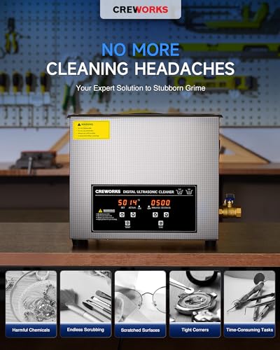 CREWORKS 10L Digital Ultrasonic Cleaning Machine with Heater & Timer, 240W Stainless Steel Ultrasonic Washing Machine, 2.6 gal Sonic Parts Cleaning Machine for Jewelry Glasses Auto Tool Machine Part