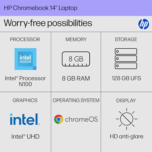 HP Chromebook 14 inch Laptop, HD Display, Intel Processor N100, 8 GB RAM, 128 GB UFS, Intel UHD Graphics, Chrome OS, Chalkboard Gray, 14a-nf0099nr