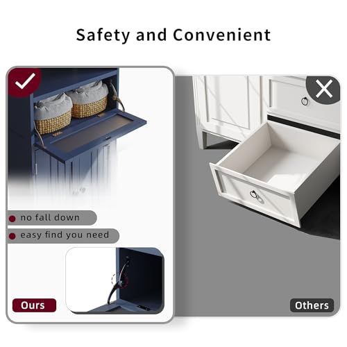 ChooChoo Bathroom Floor Storage Cabinet with Flip Glass Drawer, Freestanding with 2 Doors, Adjustable Shelf & 1 Open Storage for Living Room, Hallway, Navy Blue