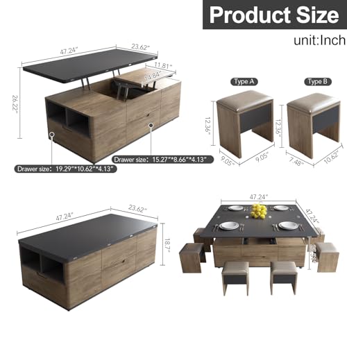 Lifting Coffee Table with 4 Stools 3 in 1 Center Table with Storage Side Table Convert to Dining Table Multifunctional Saving Space for Living Room Apartment Wheels