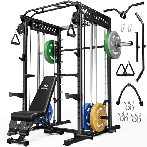 M21 Smith Machine, Multi-Function Power Cage with Dual Pulley Cable Crossover System, 2000LBS All-in-One Squat Rack with Smith Bar and Attachments