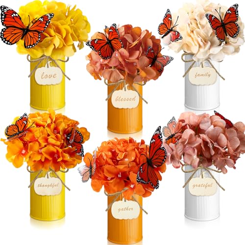 Mimorou 12 Set Vintage Autumn Flowers Table Centerpiece with Metal Pots Faux Fall Table Centerpiece with Pumpkins Slices and 3D Butterfly for Thanksgiving Farmhouse Home Decor (Retro Colors)