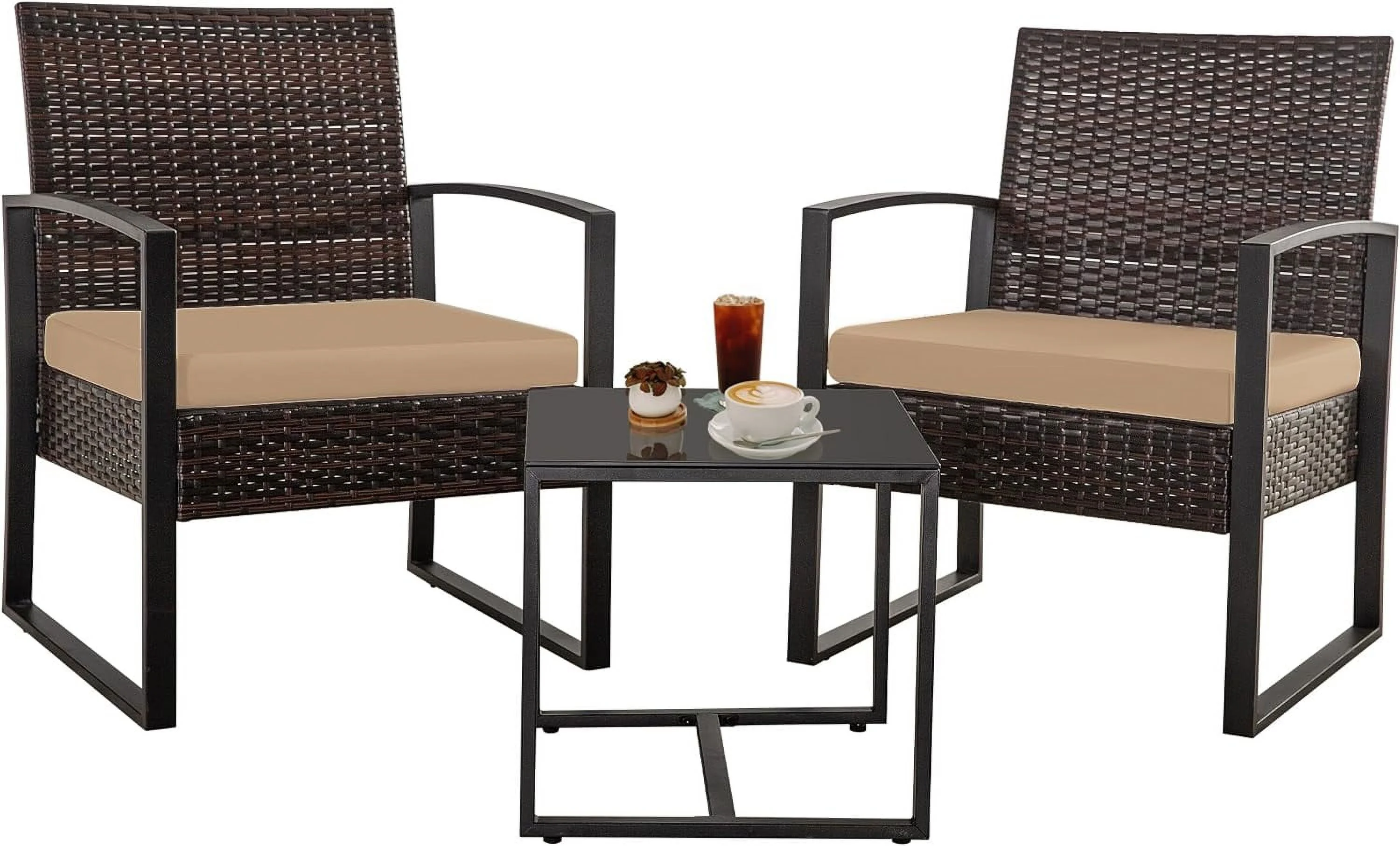 FHFO 3 Pieces Patio Furniture Set, Outdoor Wicker Conversation Bistro Set w/ 2 Chairs, 2 Cushions, Glass Coffee Table for Garden Balcony Backyard Porch Lawn - Brown Wicker & Brown Cushions