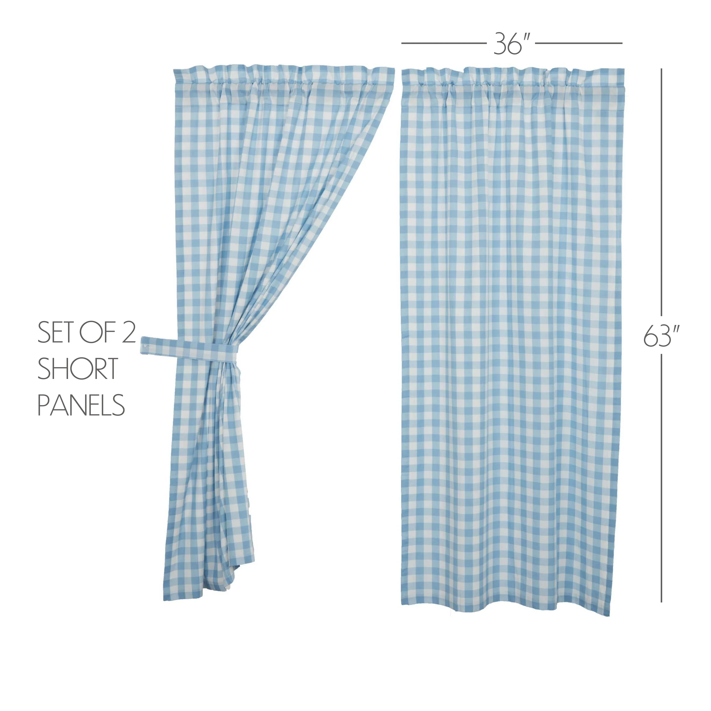 VHC Brands Annie Blue Buffalo Check Farmhouse Living Room Short Panel Curtain Set 63x36