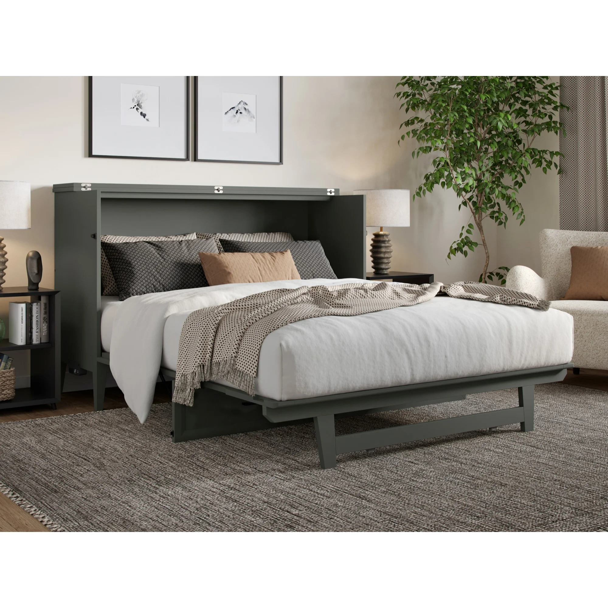 Santa Fe Queen Murphy Bed Chest with Mattress & Built-in Charger in Gray