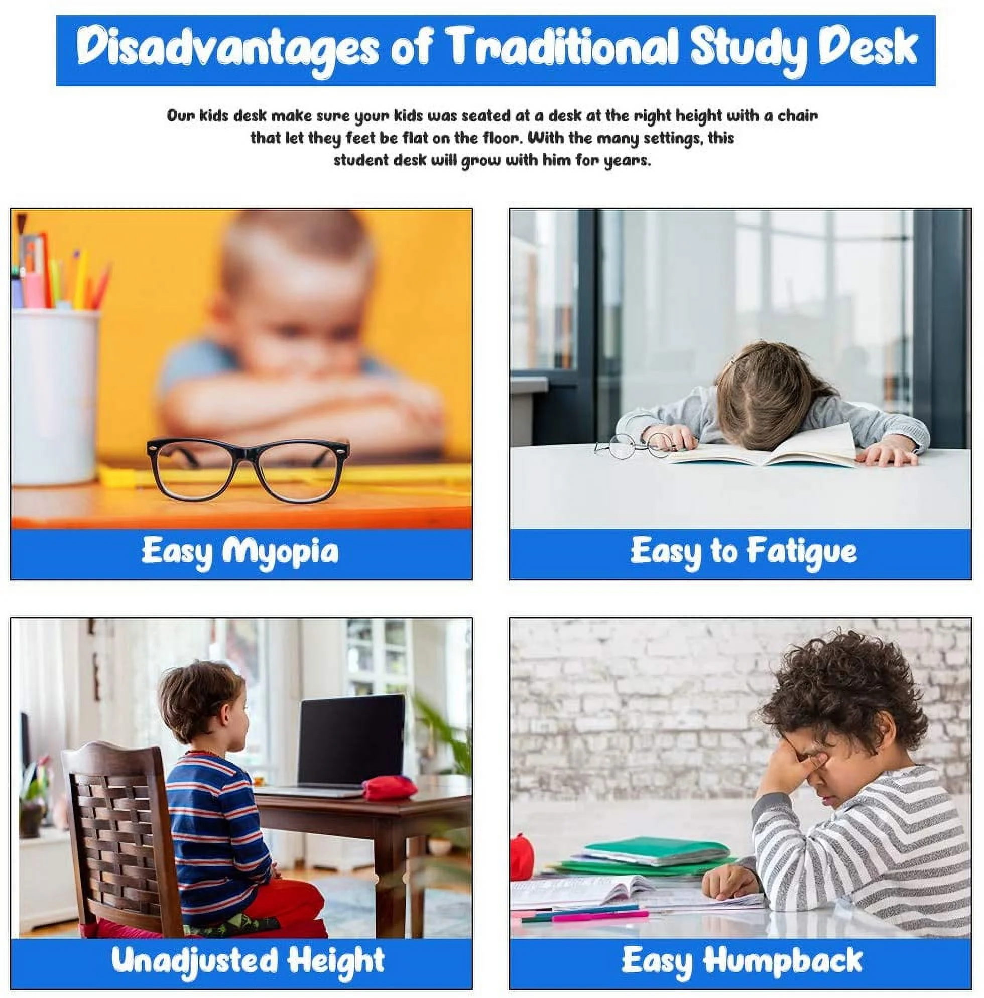 FDW Kids Desk and Chair Set, Children Writing Student Desk Drafting Tables with Tilt Desktop Height Adjustable Kid Desk Chair with Storage Drawers,Blue