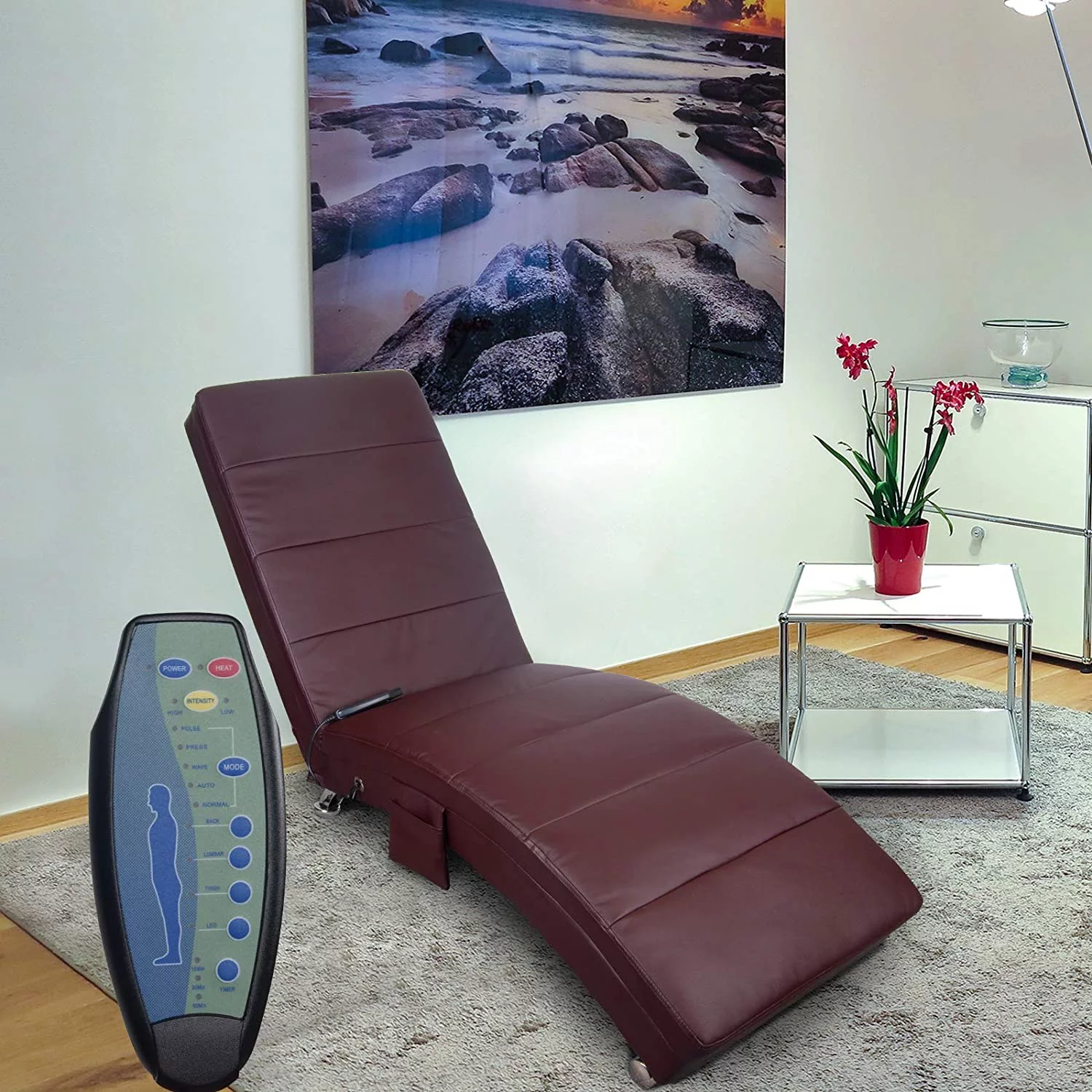 Massage Chaise Lounge - PU Leather Ergonomic Electric Vibrating Recliner Chair with Heating, Side Pocket,Brown