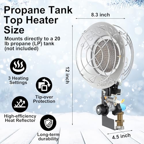 Honoson 15, 000 BTU Propane Tank Top Heater, Tank Gas Gauge Leak Detector, Propane LP Gas Heater, Portable Single Tank Top Heater with Shut-off Valve and Tip-over Switch for Outdoor Camping