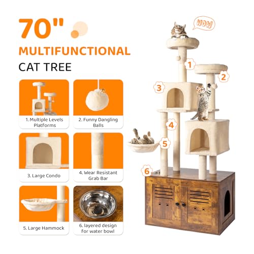 VINGLI Cat Tree Tower with Litter Box, Houses for Indoor Kittens, 53