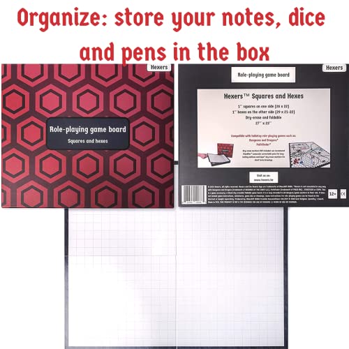 The Authentic Role-Playing Game Board by Hexers, Mat Alternative, Compatible with Dungeons and Dragons D&D DND Pathfinder RPG, 27x23 inches, 1 inch Square and Hexes Battle Grid, Foldable & Dry Erase