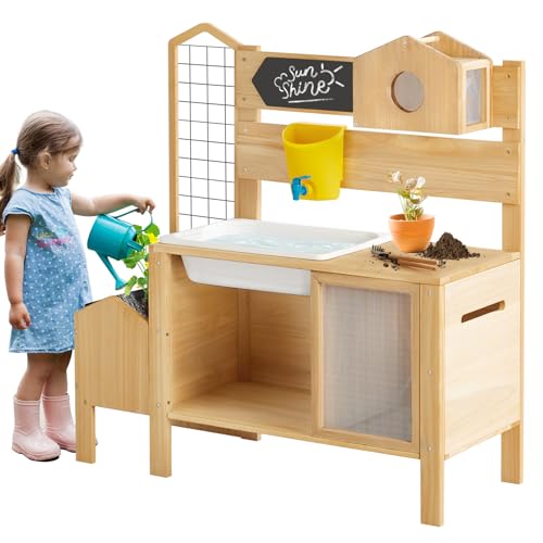 7 in 1 Kids Potting Bench Wooden Potting Table with Raised Garden Bed,Storage Space,Bug Catcher,Sink and Chalk Board, Outdoor Mud Kitchen for Kids 3+