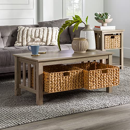 Walker Edison Coastal Black Living Room Coffee Table with Lower Shelf and Faux Rattan Wicker Baskets, 40 Inch