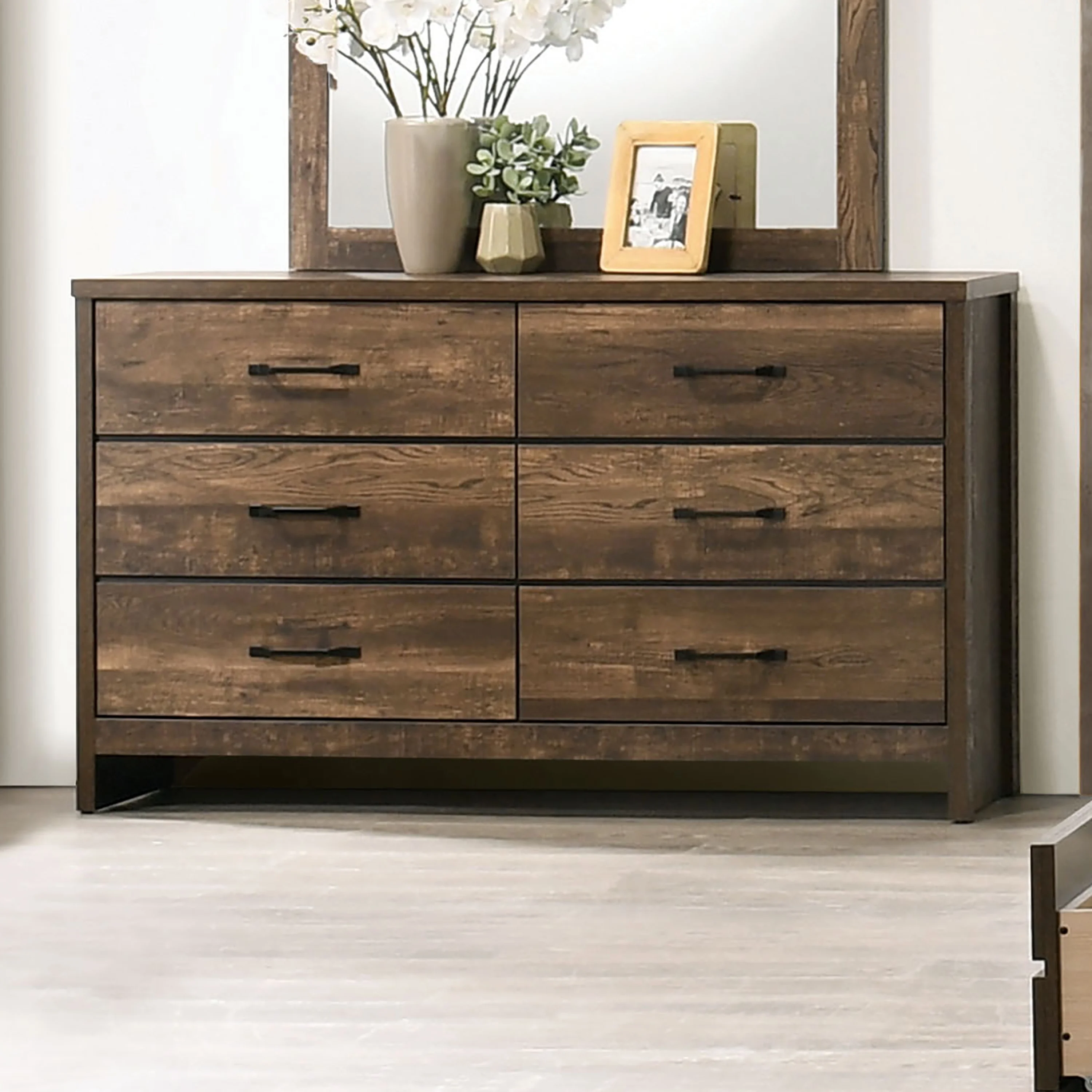 Furniture of America Bend Solid Wood 6-Drawer Dresser, Light Walnut