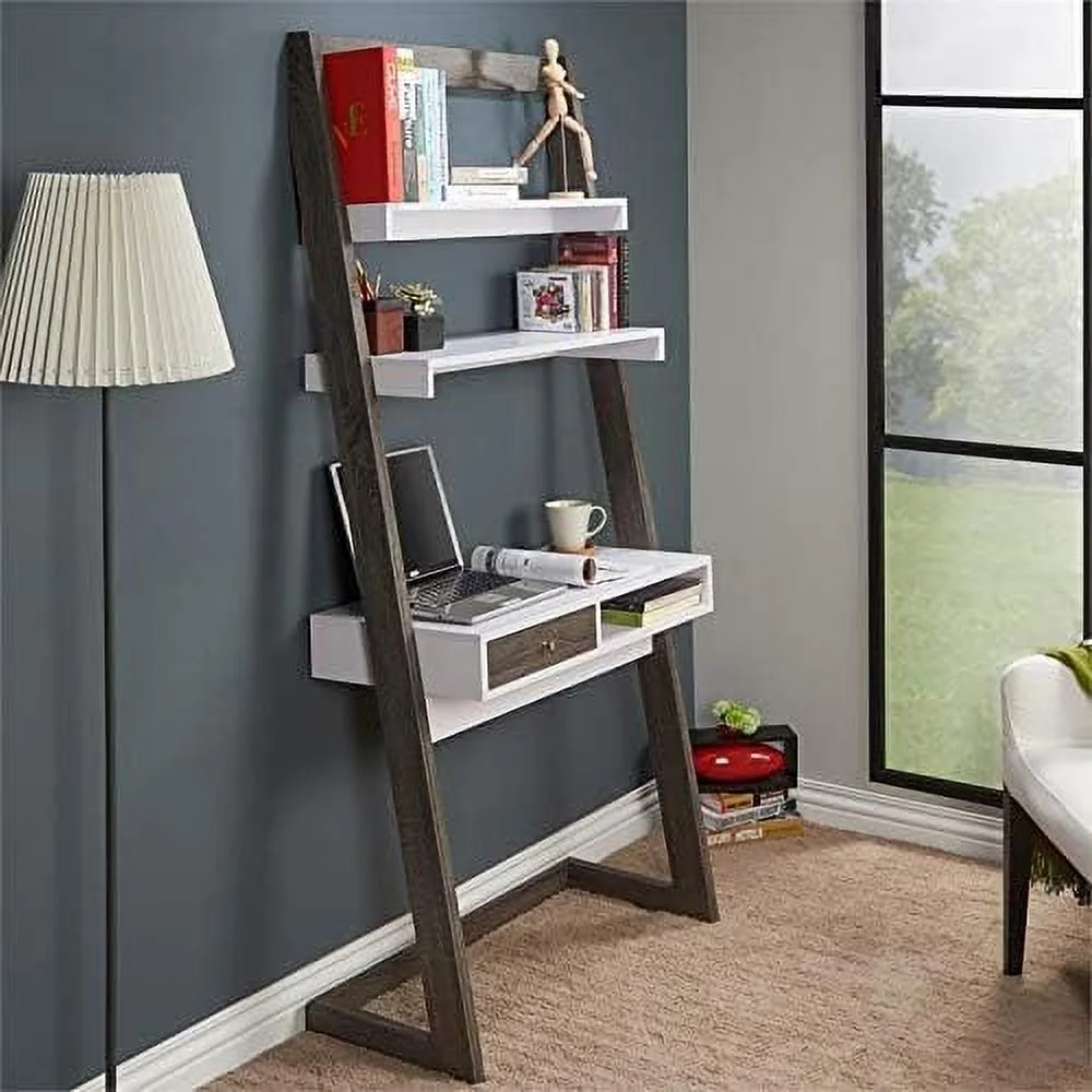 Lazlo Wood Writing Desk With Shelves In Distressed Gray