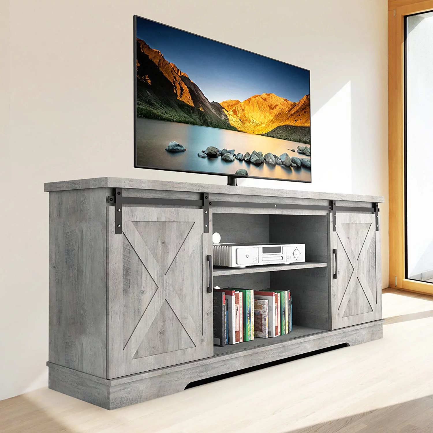 TV Stand, Modern Farmhouse Sliding Barn Door TV Stand,TV Stand for 65