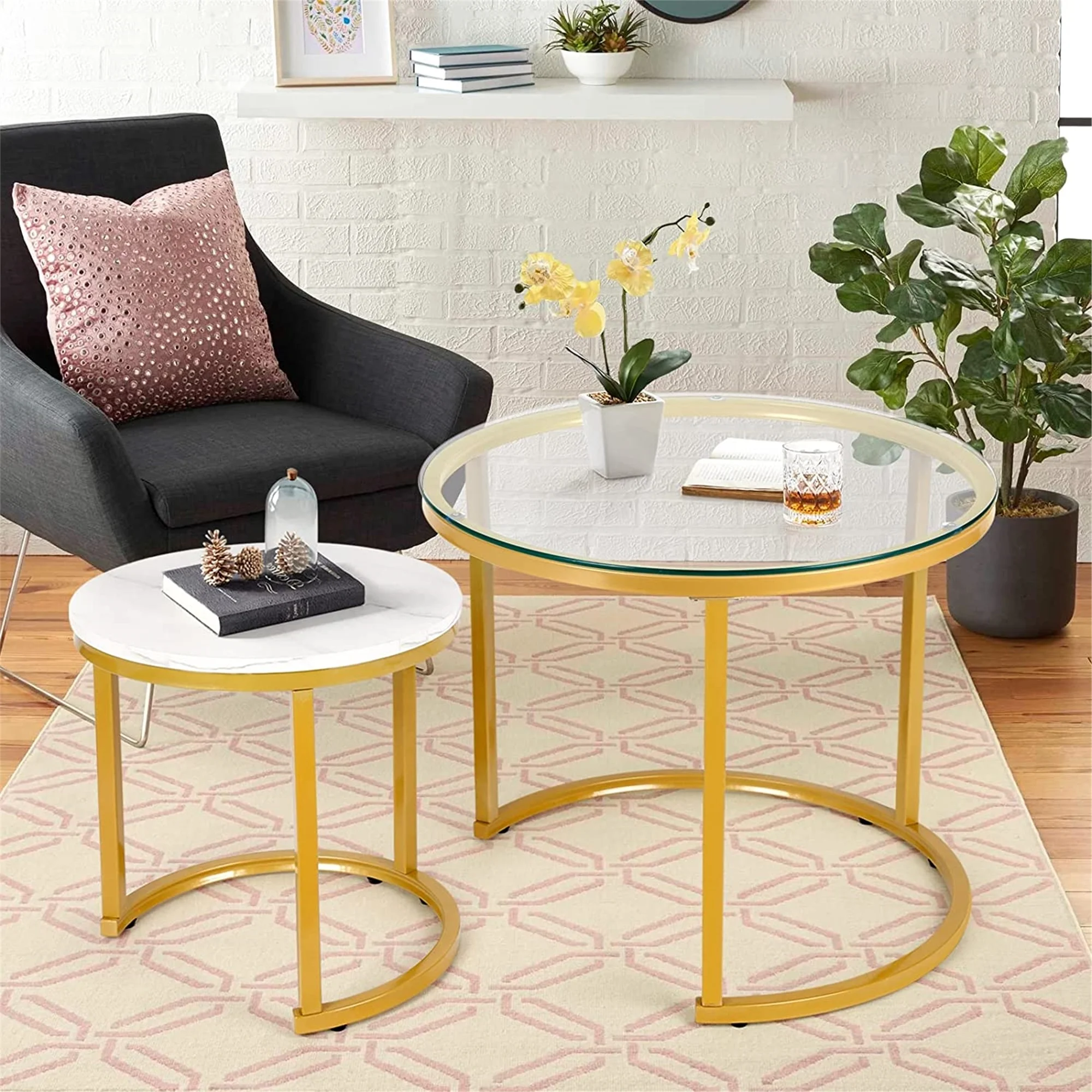 Modern Round Nesting Tables with Metal Frame (Set of 2) (White & Black)