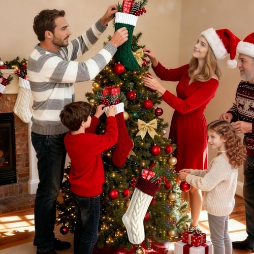 18 Inch Knit Christmas Stockings - Personalized Color Block,1 Pavck Large Christmas Stocking for Holiday Decor, Family Xmas Party Stockings, Traditional Cute Knitted Christmas Stockings(White)