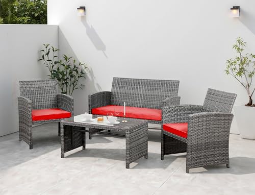 Shintenchi 4 Piece Patio Ratten Set Outdoor Furniture Set Wicker Conversation Set with Cushions and Tempered Glass Tabletop,Grey