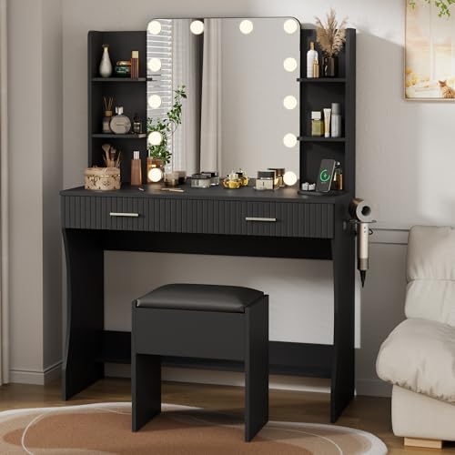 Vanity Desk with LED Lighted Mirror, Makeup Vanity with 3 Adjustable Lights, 2 Large Drawers and 4 Open Shelves, White Vanity with Storage Stool for Bedroom
