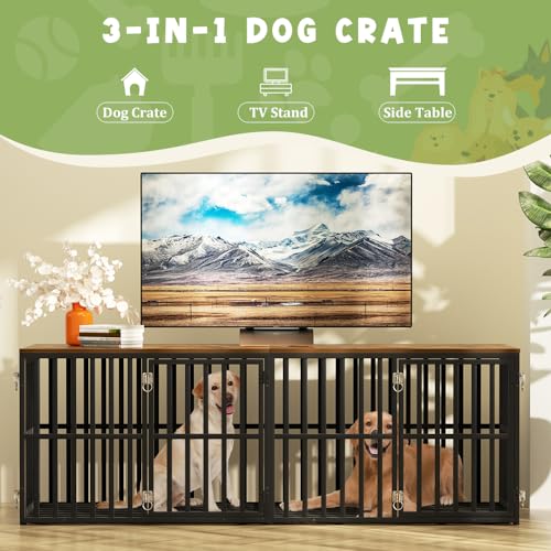 Dog Crate Furniture for 2 Dogs, 76” Wooden Dog Kennel with Divider, XXL Double Dog Crate Furniture Large Breed with 4 Doors, Dog Cage End Table Indoor for Large & Medium Dogs, Black