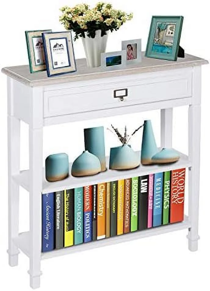 KHBIULIFE Skinny Console Table with Large  Drawer and Shelves  French Country Narrow Entryway Table Wood Console Table for Entryway Living Room Hallway (Grey)