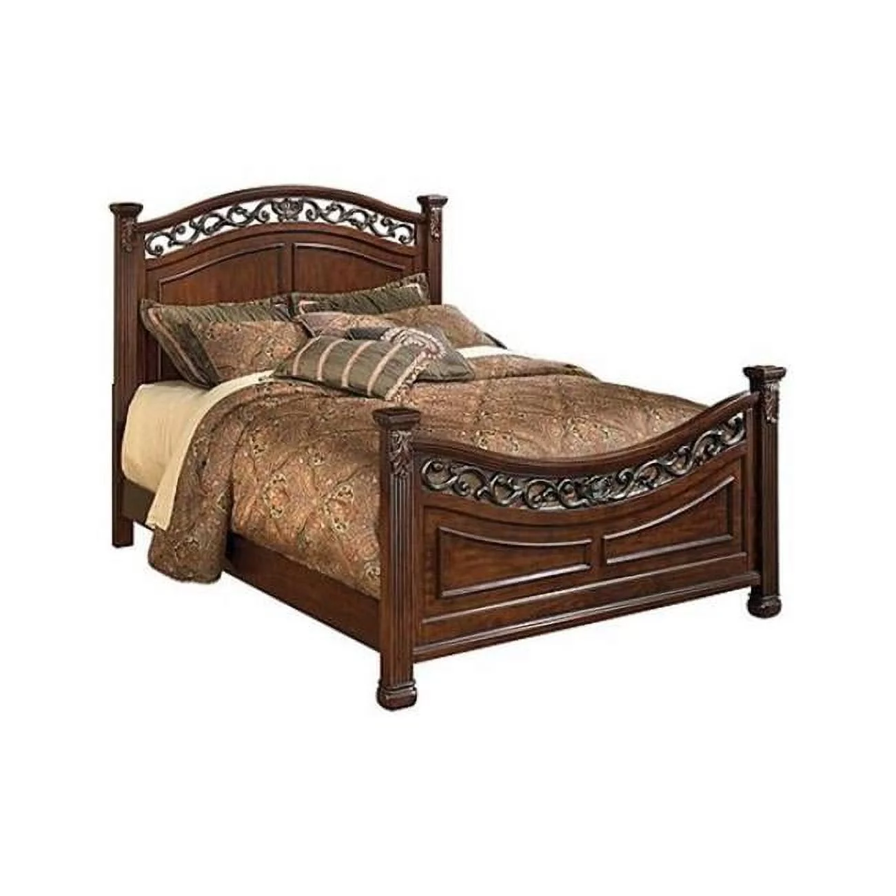 Aza Traditional Wood Leaf Carvings Bed, Rich Cherry Brown - Queen Size