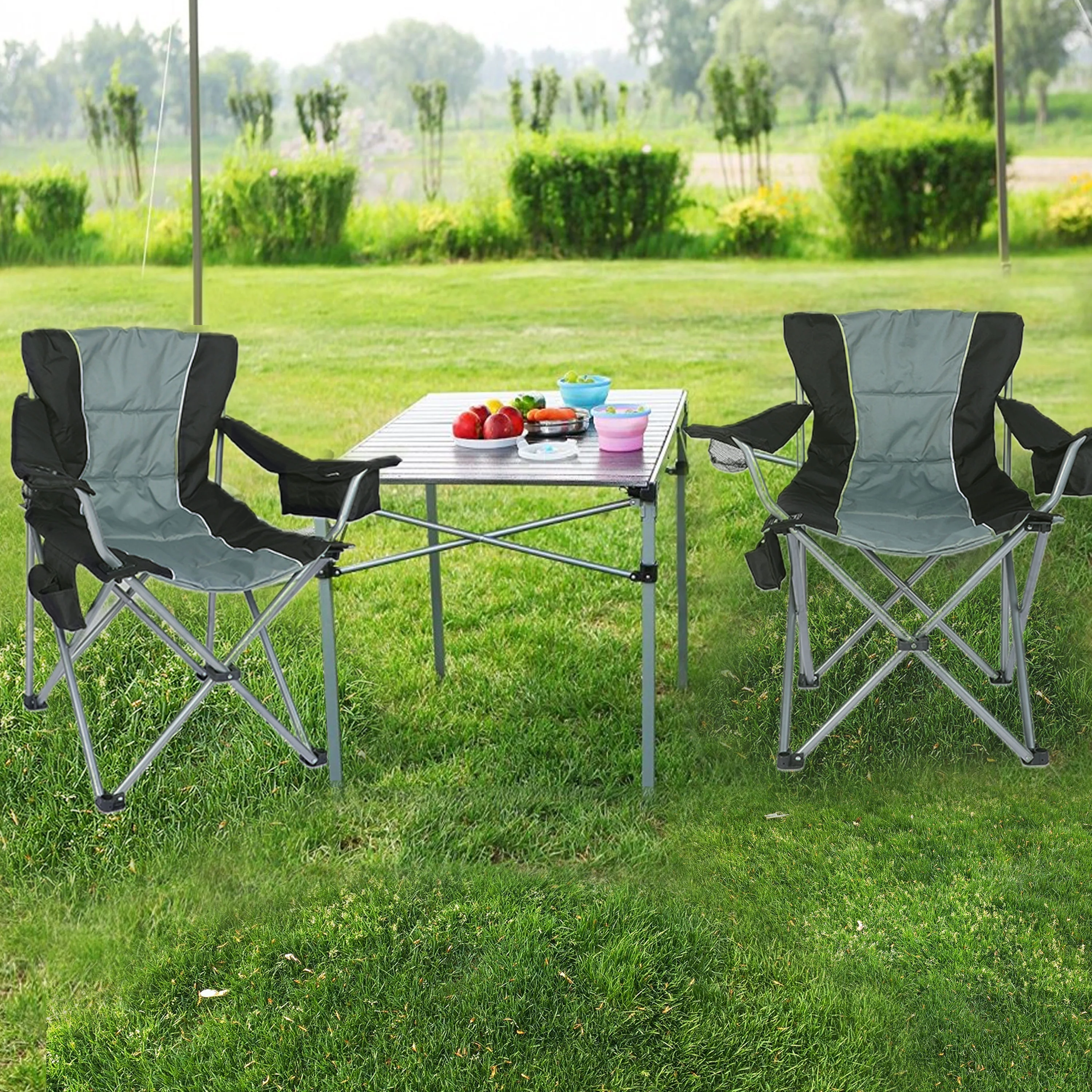 CoSoTower Oversized Camping Folding Chair with Cup Holder, Side Cooler Bag, Heavy Duty Steel Frame Fully P Added Quad Armchair for Outdoors, 1-Pack, Grey