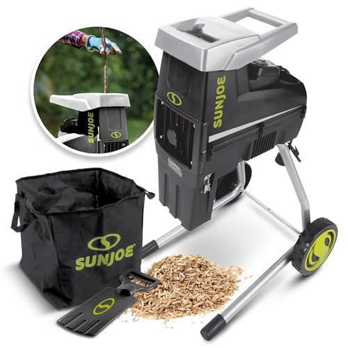 Sun Joe Wood Chipper Shredder, 15-Amp Corded Electric Yard Waste Shredding Machine with Collection Bag, 1.7 Inch Cutting Diameter, Black, CJ603E