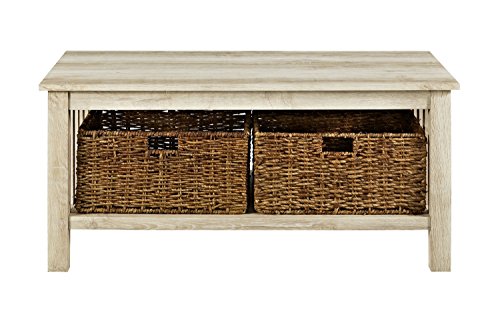 Walker Edison Coastal Black Living Room Coffee Table with Lower Shelf and Faux Rattan Wicker Baskets, 40 Inch
