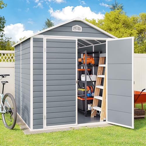 Gizoon 6x4 FT Outdoor Storage Shed with Floor, Resin Garden Tool Shed with Lockable Doors, Window, Vents, Reinforced Steel Frame, Waterproof Plastic Storage Sheds for Backyard, Patio, Lawn
