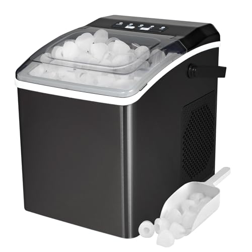 Koolatron Countertop Ice Maker - Pellet Hielo Maquina, Serves 9 Pebble Ice Cubes in 6 mins, Crunchy Ice Nugget for Drinks, Self Cleaning Portable 26 Lbs/24Hrs Capacity, Stainless Steel Black