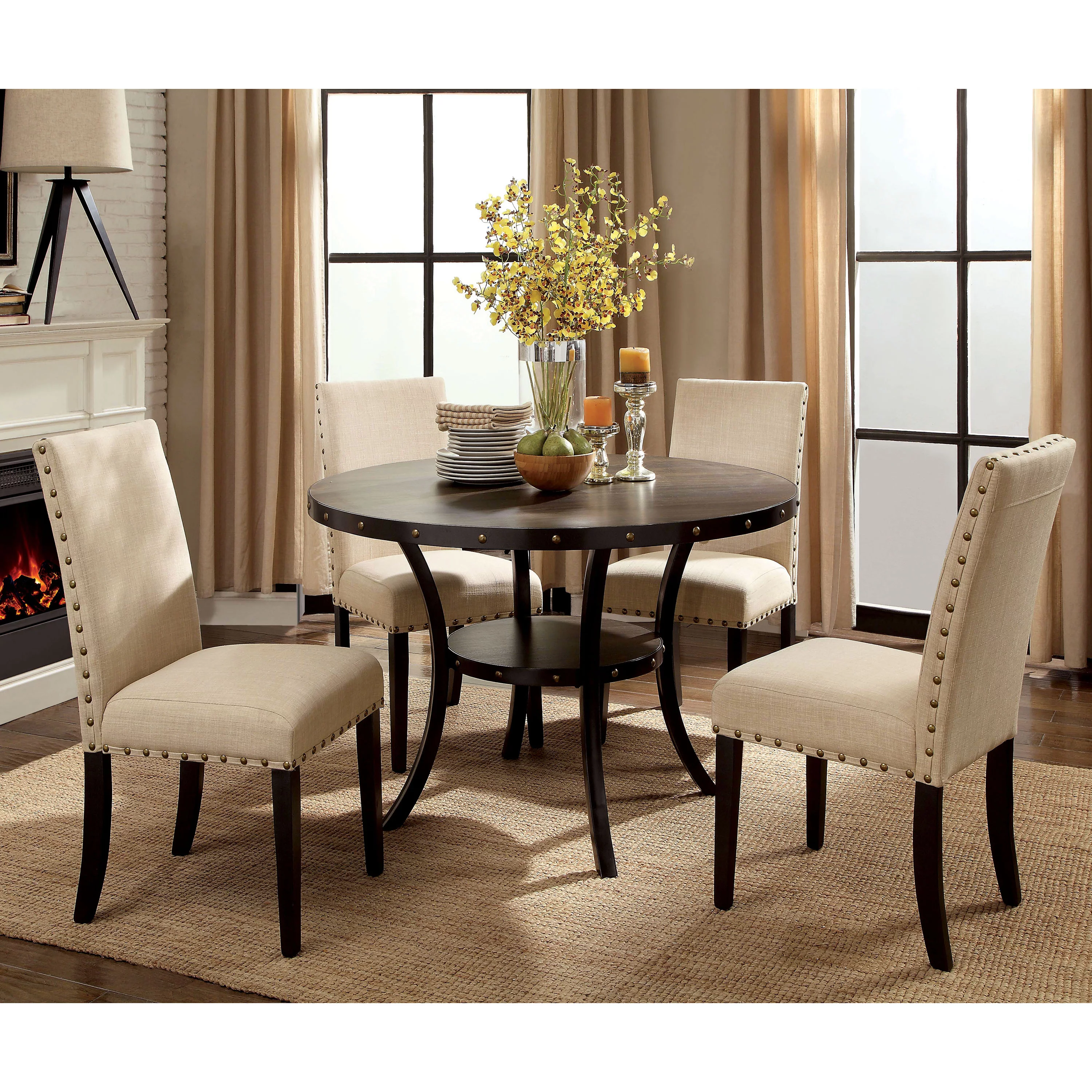 Furniture of America Gabriel Wood 1-Shelf Round Dining Table, Light Walnut