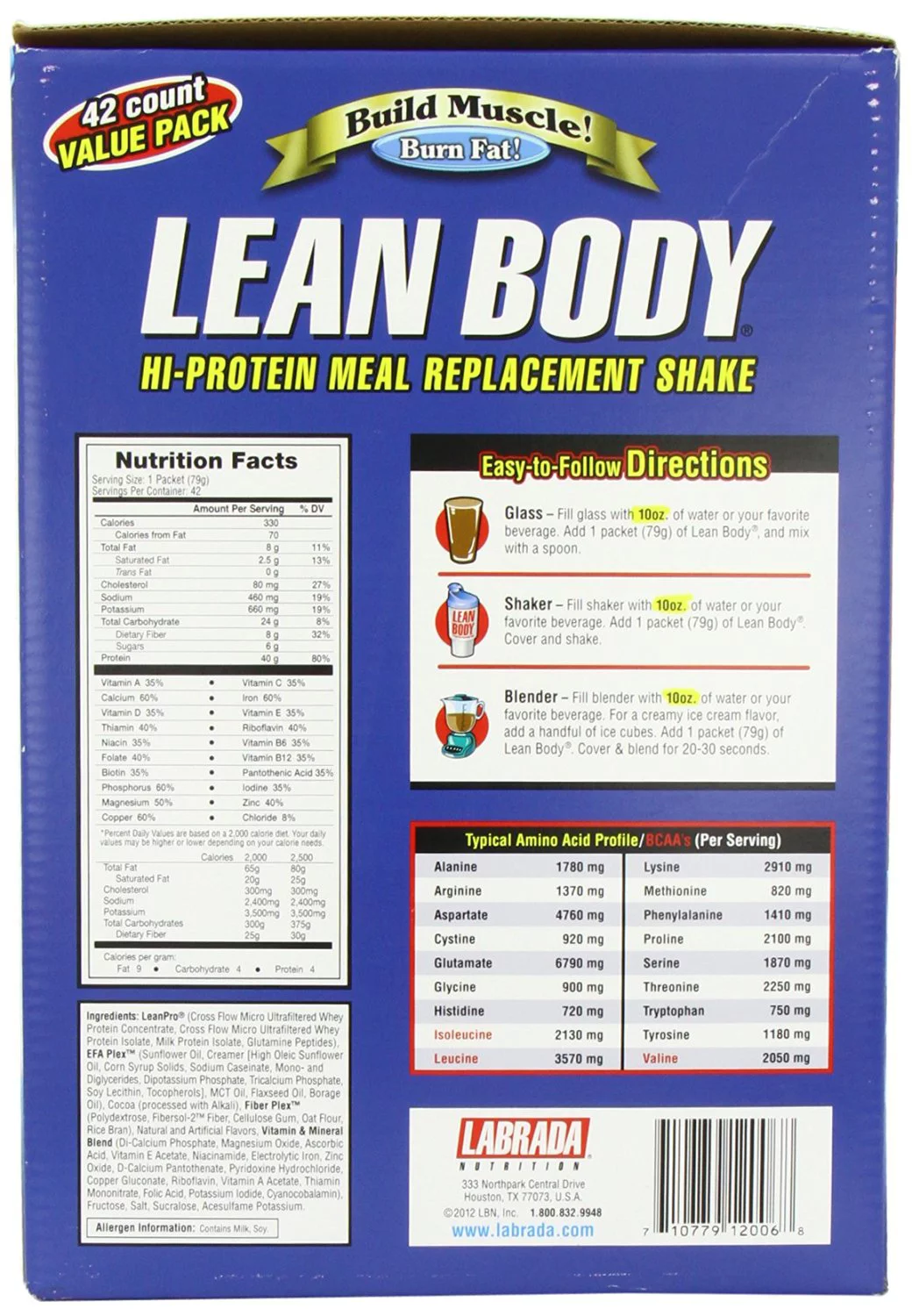 Labrada Carb Watchers Lean Body Hi-Protein Meal Replacement Shake, Chocolate Ice Cream, 2.29-Ounce Packets (Pack of 42)