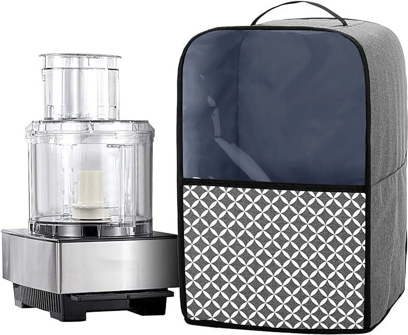 Yarwo Food Processor Dust Cover with Pockets and Top Handle, Compatible with Hamilton Beach, Cuisinart 11-14 Cup Food Processor, Gray with Grid (Cover Only, Patent Pending)