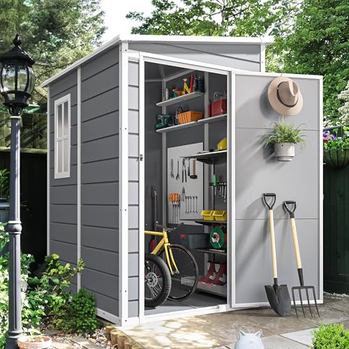 DWVO 5x3ft Resin Outdoor Storage Shed with Floor, Waterproof Lockable Storage Shed with Window, Plastic Outside Tool Storage for Garden, Backyard, Patio, Lawn, Gray