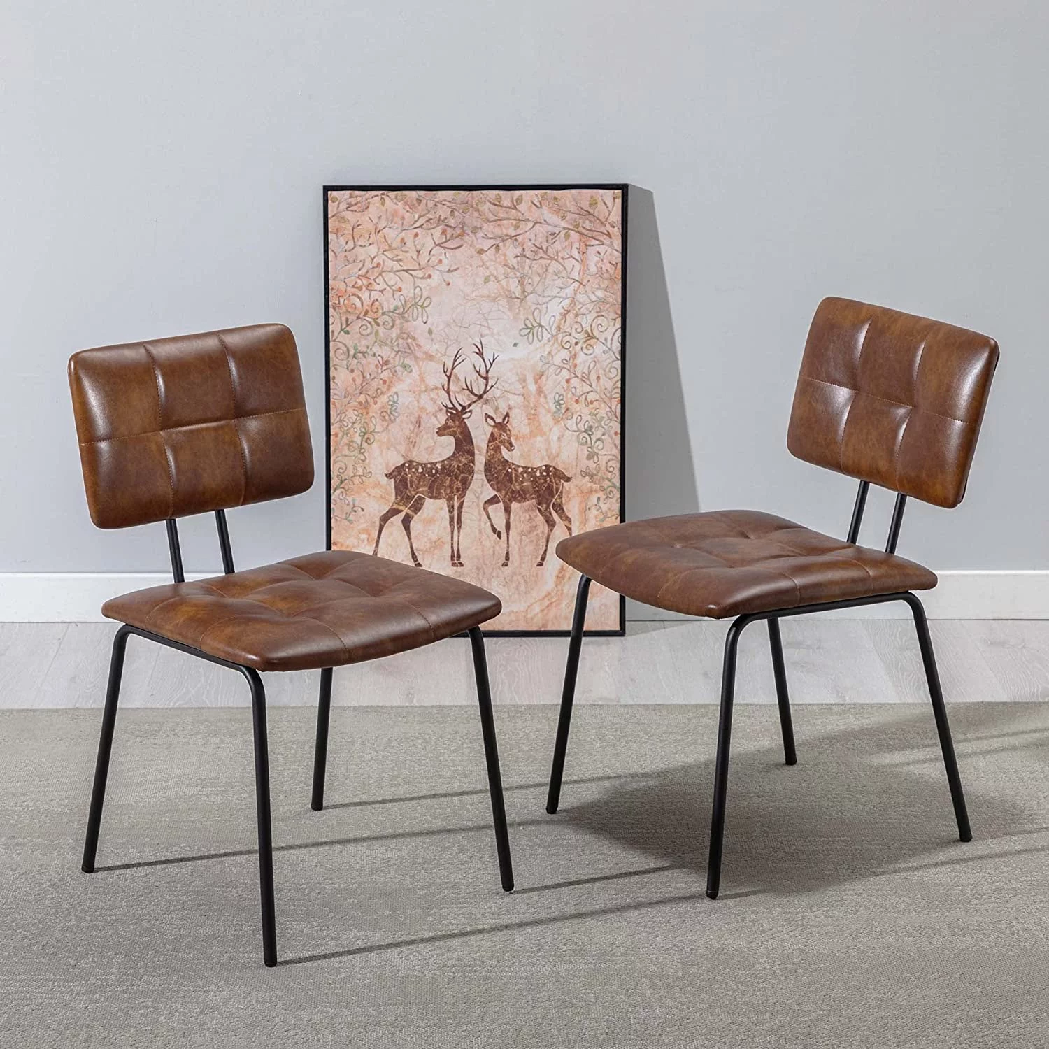 Duhome Faux Leather Dining Chairs Set of 2, Modern Upholstered Dining Room Chairs with Black Metal Legs, Brown