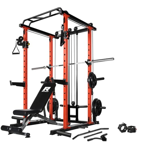 RitFit Multi-Function Squat Rack Power Cage PPC03 with Cable Crossover System, 1000LBS Capacity Power Rack and Packages with Optional Weight Bench, Barbell Weight Set, for Garage Workout & Home Gym