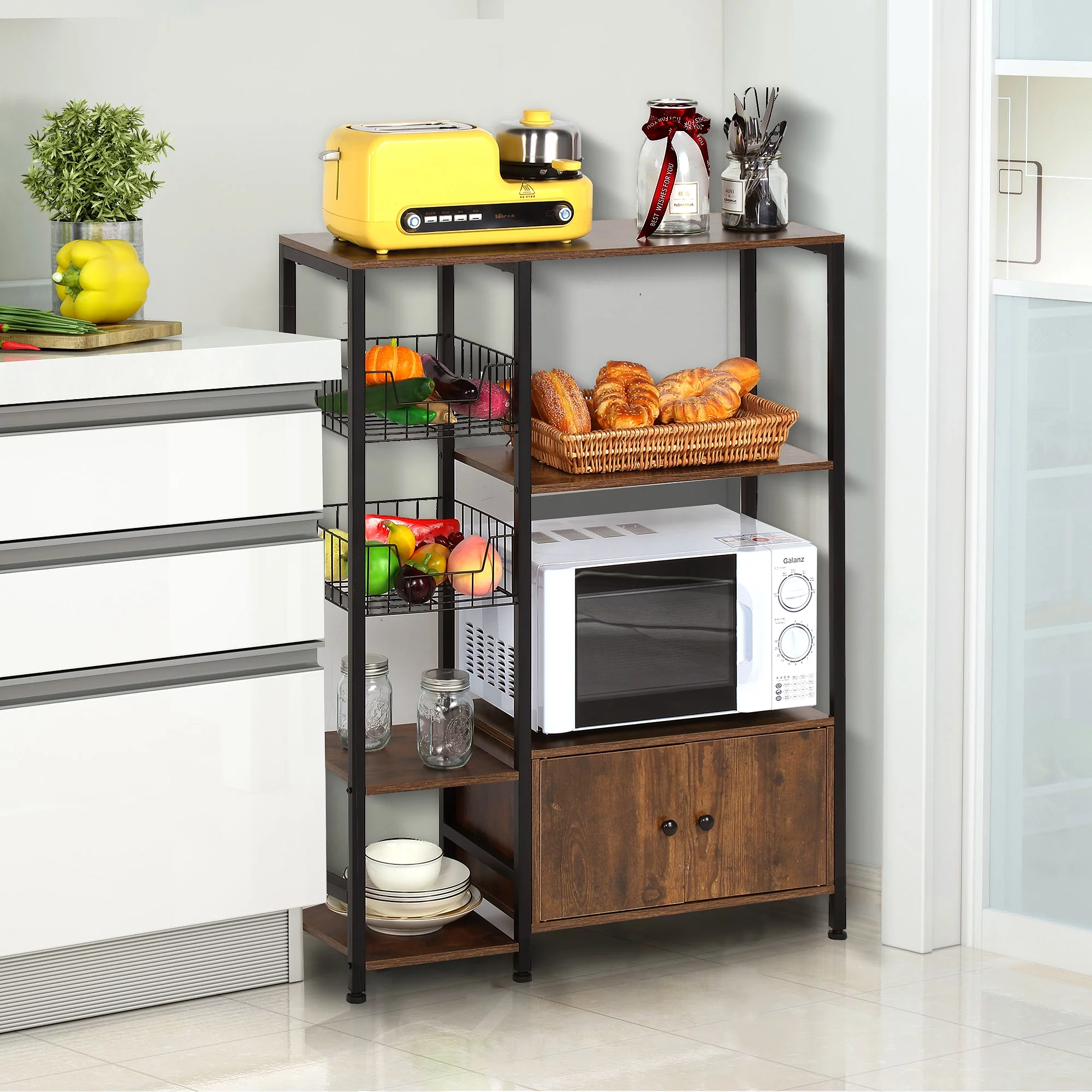 NAIYUFA 5-Tier Kitchen Bakers Rack,Microwave Oven Stand Wood Brown Shelf with Cabinet