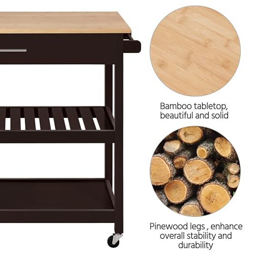 Yaheetech Kitchen Island Cart on Wheels with Bamboo Tabletop, 3-Tier Rolling Kitchen Island Microwave Cart with Drawer, Detachable Towel, 3 Hooks, 17